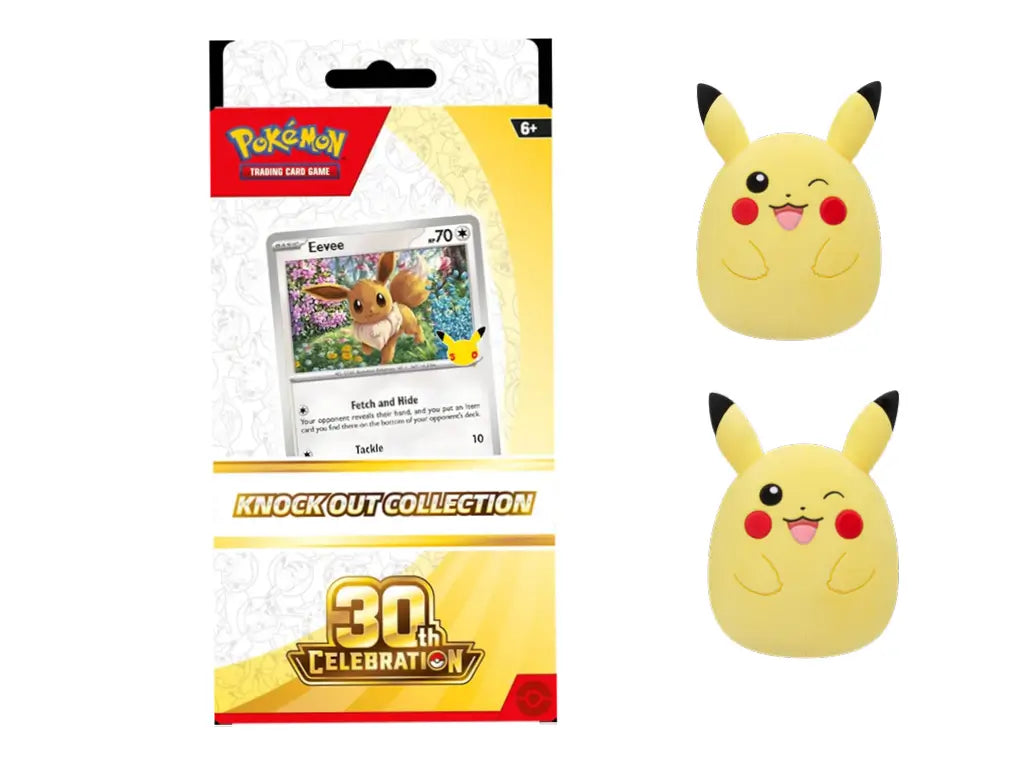 Pokémon 30th Anniversary Celebration Bundle featuring 30th Knock Out Collection with Eevee promo, 10-inch Squishmallows Pikachu plushes — available at FineToys.ca.